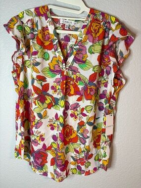 Chaus Women's Floral Ruffle Sleeve Top - White, Pink, Orange, Green